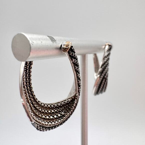 Tested Silver Twisted Hoop Earrings Faux Marcasite Milgrain Cobbled 9.23 Grams - Picture 4 of 16